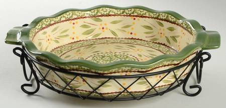 Old World Green 9" Pie Baking Plate with Metal Stand