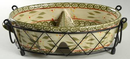 Old World Green 11" Divided Oval Vegetable & Metal Stand
