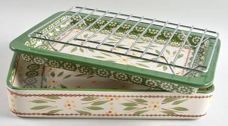 Old World Green Rectangular Toaster Oven Baker w/Lid-It & Metal Rack