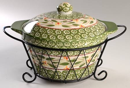Old World Green 2.5 Qt Round Covered Casserole & Metal Stand