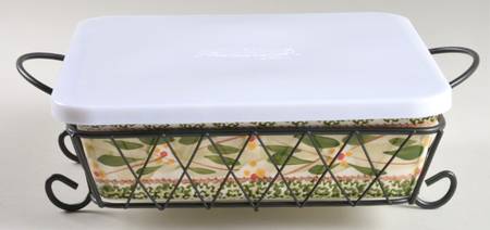 Old World Green 7" Square Baker W/Storage Cover & Metal Stand