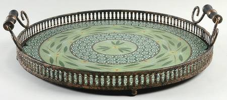 Old World Green 14" Round Metal Tray & Glass Insert
