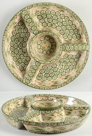 Old World Green (3 Part) Divided Chip Bowl/Plate & Dip Bowl Set