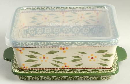 Old World Green 8" Square Baker w/Plastic Storage Cover & Tray