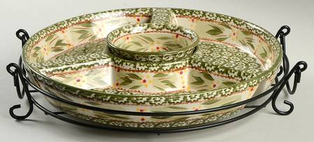 Old World Green (3 Part) Divided Chip Bowl/Plate & Dip Bowl w/Metal Stand