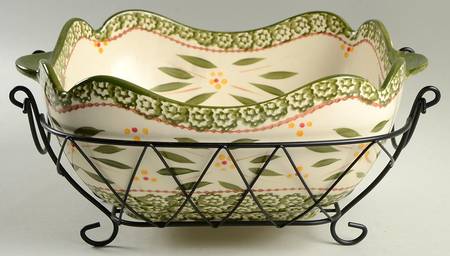Old World Green 11" Scalloped Bowl & Metal Stand