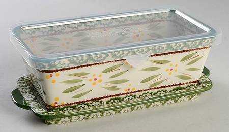 Old World Green Loaf Pan W/Plastic Lid & Tray