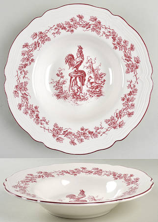 New England Toile Burgundy Large Rim Soup Bowl