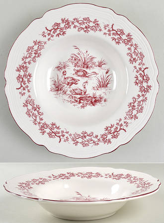 New England Toile Burgundy Large Rim Soup Bowl