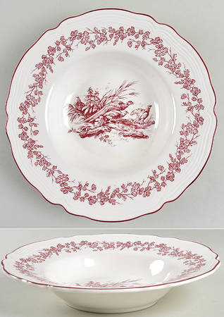 New England Toile Burgundy Large Rim Soup Bowl