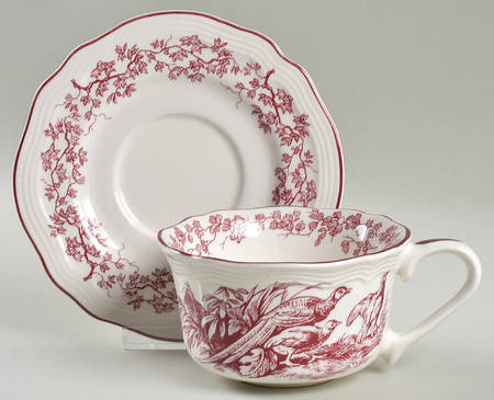 New England Toile Burgundy Flat Cup & Saucer Set