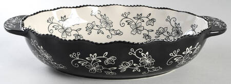 Floral Lace Black 13" Oval Ruffled Tab Handled Baker