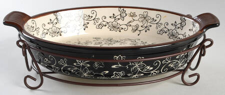 Floral Lace Black 12" Oval Baker with Metal Stand