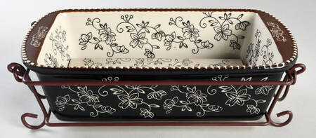 Floral Lace Black Loaf Pan with Drip Tray & Metal Stand Set