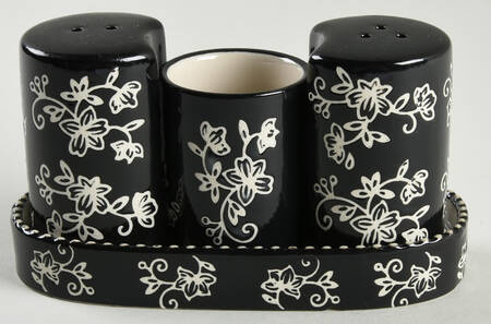 Floral Lace Black 4-Piece Salt & Pepper Set/Toothpick Holder and Tray