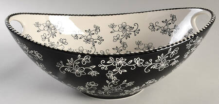 Floral Lace Black 14" Oval Handled Serving Bowl