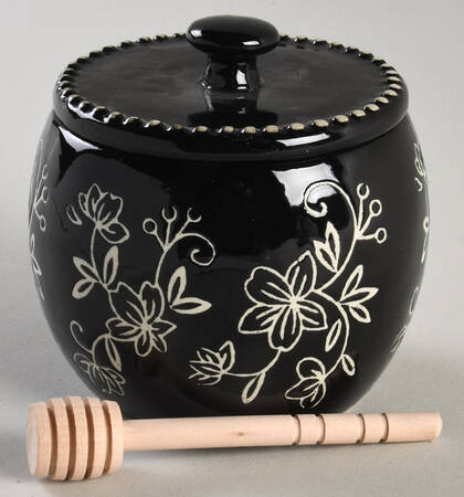 Floral Lace Black Honey Pot with Lid and Spoon/Dipper