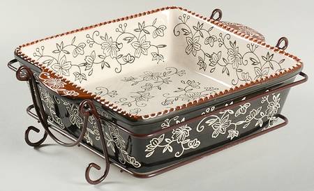 Floral Lace Black 8" Square Baker & Metal Stand