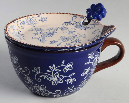 Floral Lace-Blue 24 Oz Soup Mug & Lid-It(Saucer) with Spoon