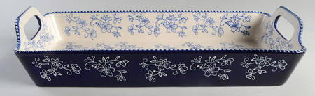 Floral Lace-Blue 17" Rectangular Baker with Upswept Handles