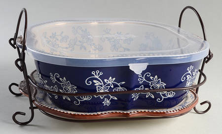 Floral Lace-Blue 11" Square Baker & Plastic Lid/Lid-It & Mtl Stand