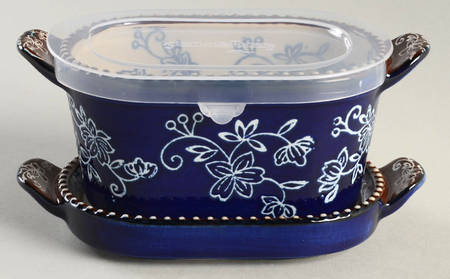 Floral Lace-Blue Oval Ramekin w/Plastic Lid & Lid-It