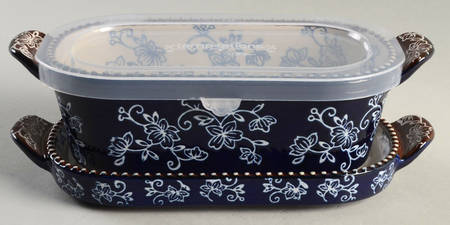 Floral Lace-Blue 8" Individual Oval Baker w/PLastic Lid & Lid-It