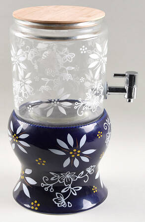 Classic Blue 4 Qt Glass Beverage Dispenser W/Bamboo Lid & Ceramic Pedestal Stand by Temp-Tations
