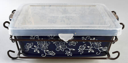 Floral Lace-Blue 9" Square Baker w/Storage Cover & Metal Stand