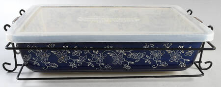 Floral Lace-Blue 15" Rectangular Baker W/Storage Cover& Metal Stand