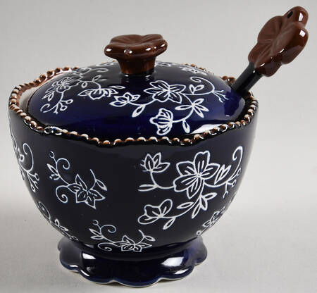 Floral Lace-Blue Sugar Bowl & Lid W/Spoon