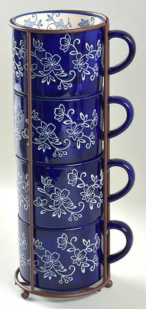 Floral Lace-Blue Stackable Mug - Set of 4 & Metal Holder