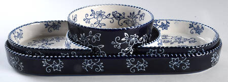 Floral Lace-Blue (4 Pc) Appetizer/Meal Set-(Oval Tray, 2 Sides Sections & Center Bowl)