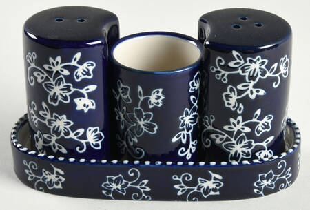 Floral Lace-Blue 4-Piece Salt & Pepper Set/Toothpick Holder and Tray