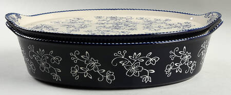 Floral Lace-Blue 14" Oval Tab Handled Baker & Lid-It