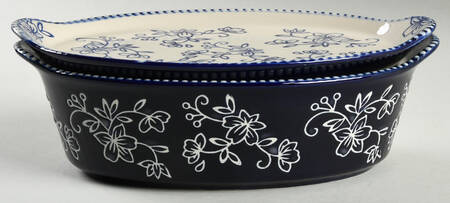 Floral Lace-Blue 10" Oval Tab Handled Baker & Lid-It