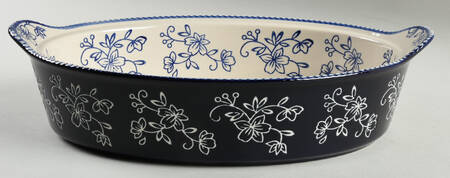 Floral Lace-Blue 14" Oval Tab Handled Baker No Lid-It