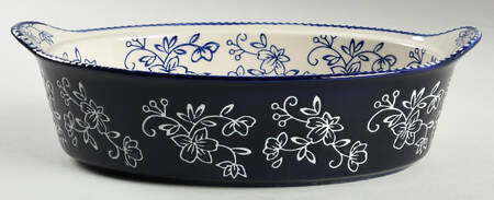 Floral Lace-Blue 12" Oval Tab Handled Baker No Lid-It