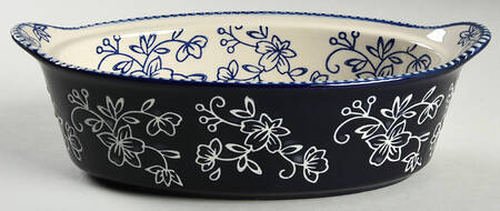 Floral Lace-Blue 10" Oval Tab Handled Baker No Lid-It
