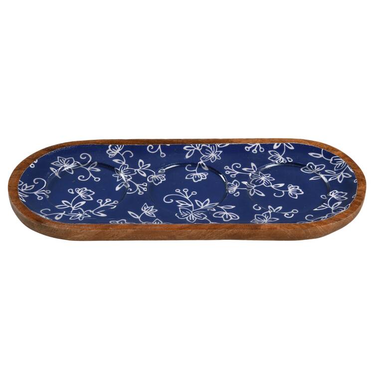 Floral Lace-Blue Wood Tray for Wood 3 Bowl Dipping Set