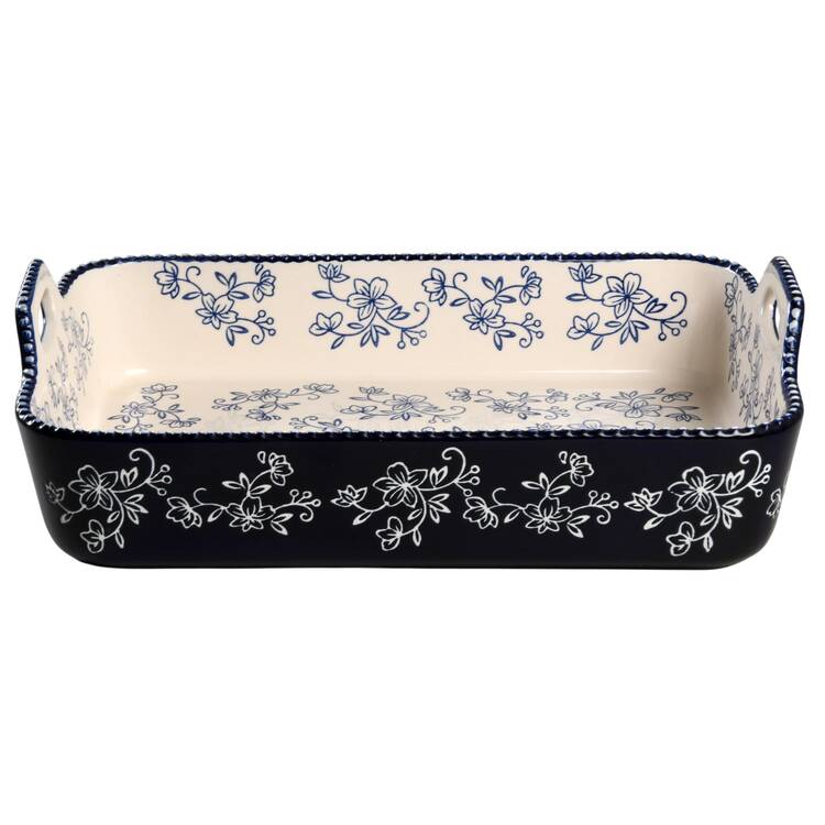 Floral Lace-Blue 14" Rectangular Baker with Upswept Handles