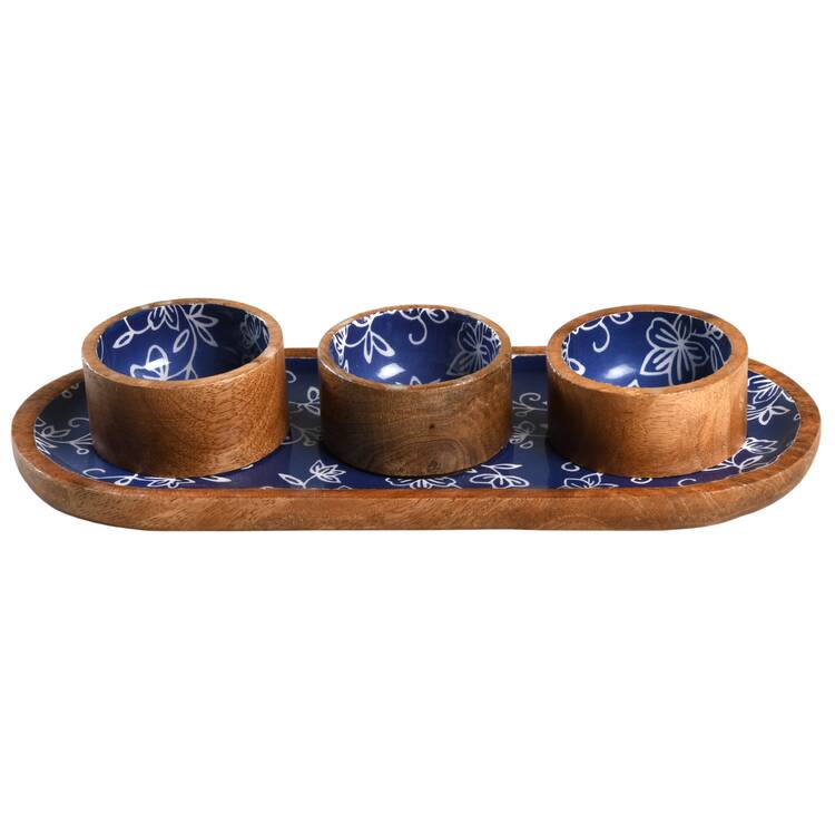 Floral Lace-Blue Wood Dip Bowl Set (3 Bowls & Tray)