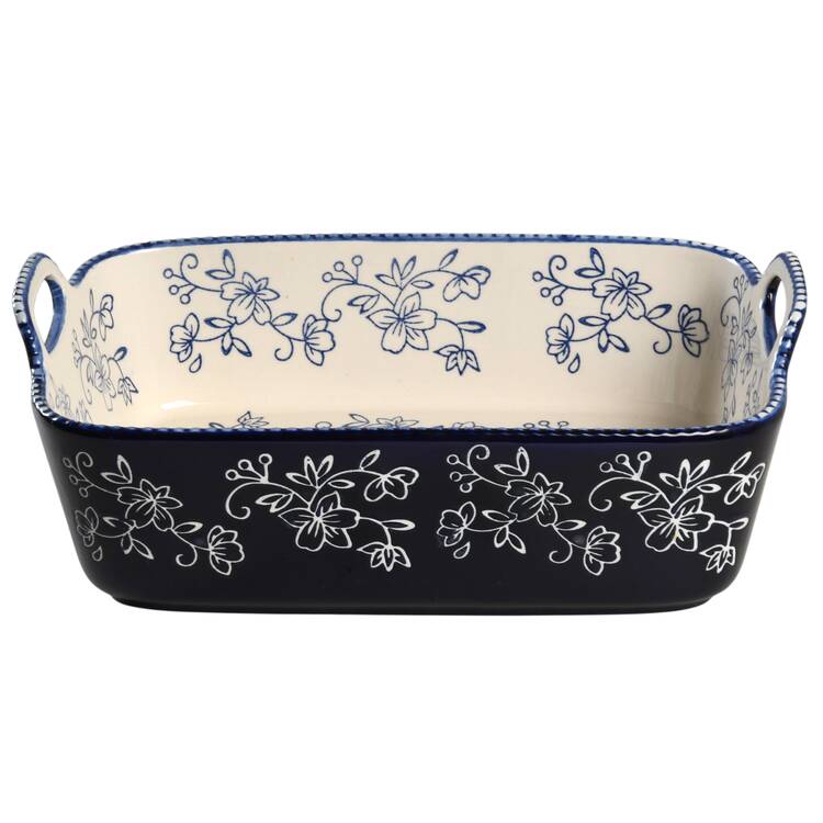 Floral Lace-Blue 12" Rectangular Baker with Upswept Handles