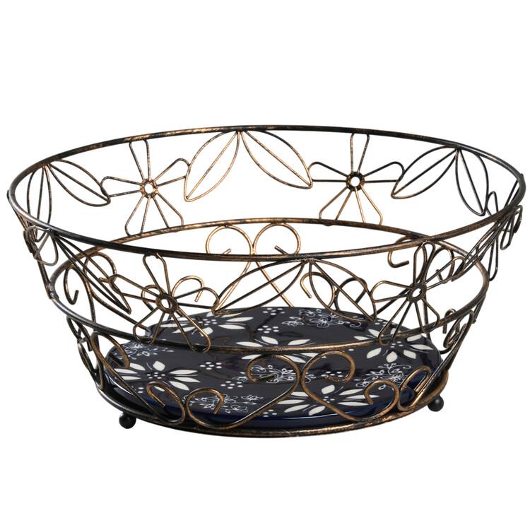 Floral Lace-Blue Wire Basket with 8" Ceramic Trivet