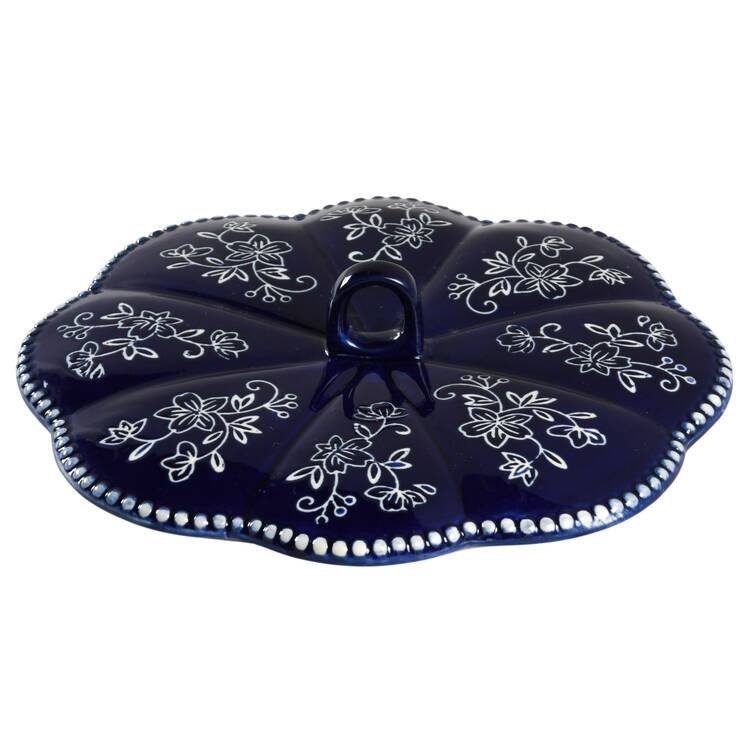 Floral Lace-Blue Lid for 3 Qt Round Sculpted Covered Casserole No Wood Spoon