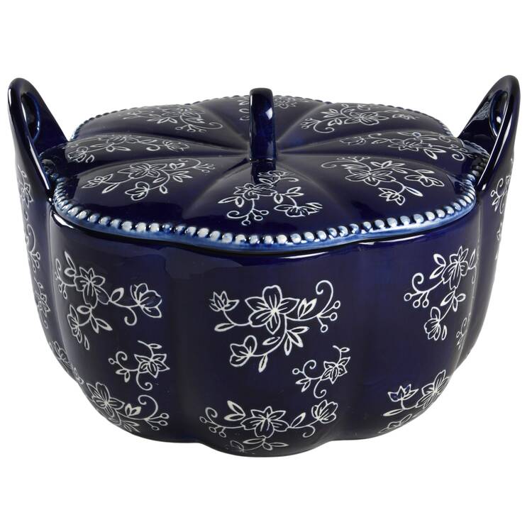 Floral Lace-Blue 3 Qt Round Sculpted Covered Casserole No Wood Spoon
