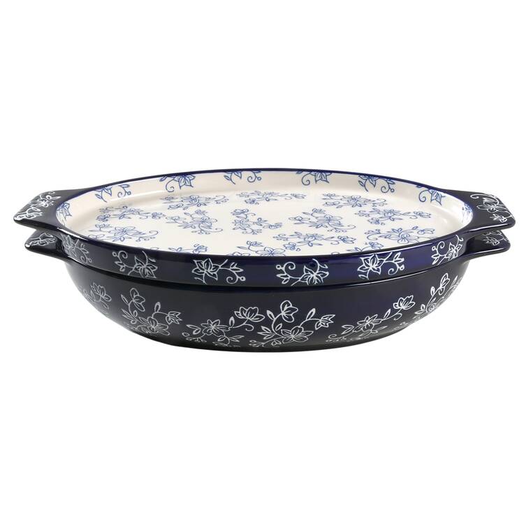 Floral Lace-Blue 16" Oval Tab Handled Baker & Lid-It