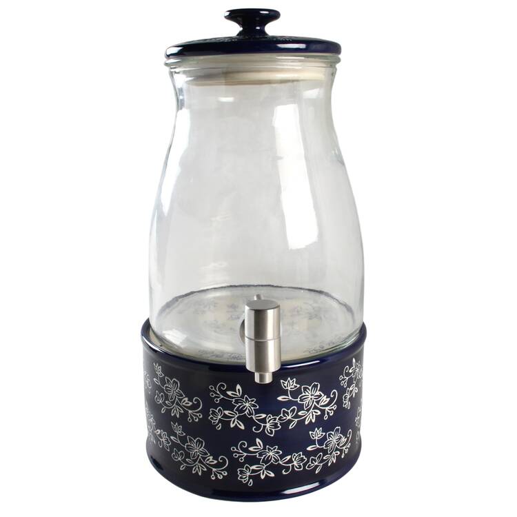 Floral Lace-Blue Glass Beverage Dispenser w/Ceramic Lid & Stand by Temp-Tations