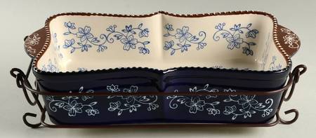 Floral Lace-Blue 13" Rectangular Baker with Metal Stand