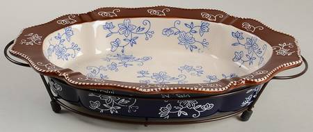 Floral Lace-Blue 13" Oval Baker with Metal Stand by Temp-Tations